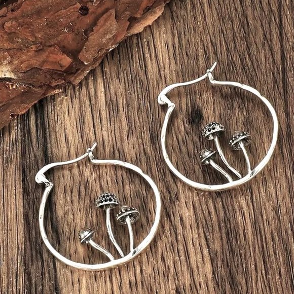 Mushroom Earrings Hoop 3D Silver Boho Alice Wonderland Trippy Stylish Hippie NEW - Picture 2 of 4